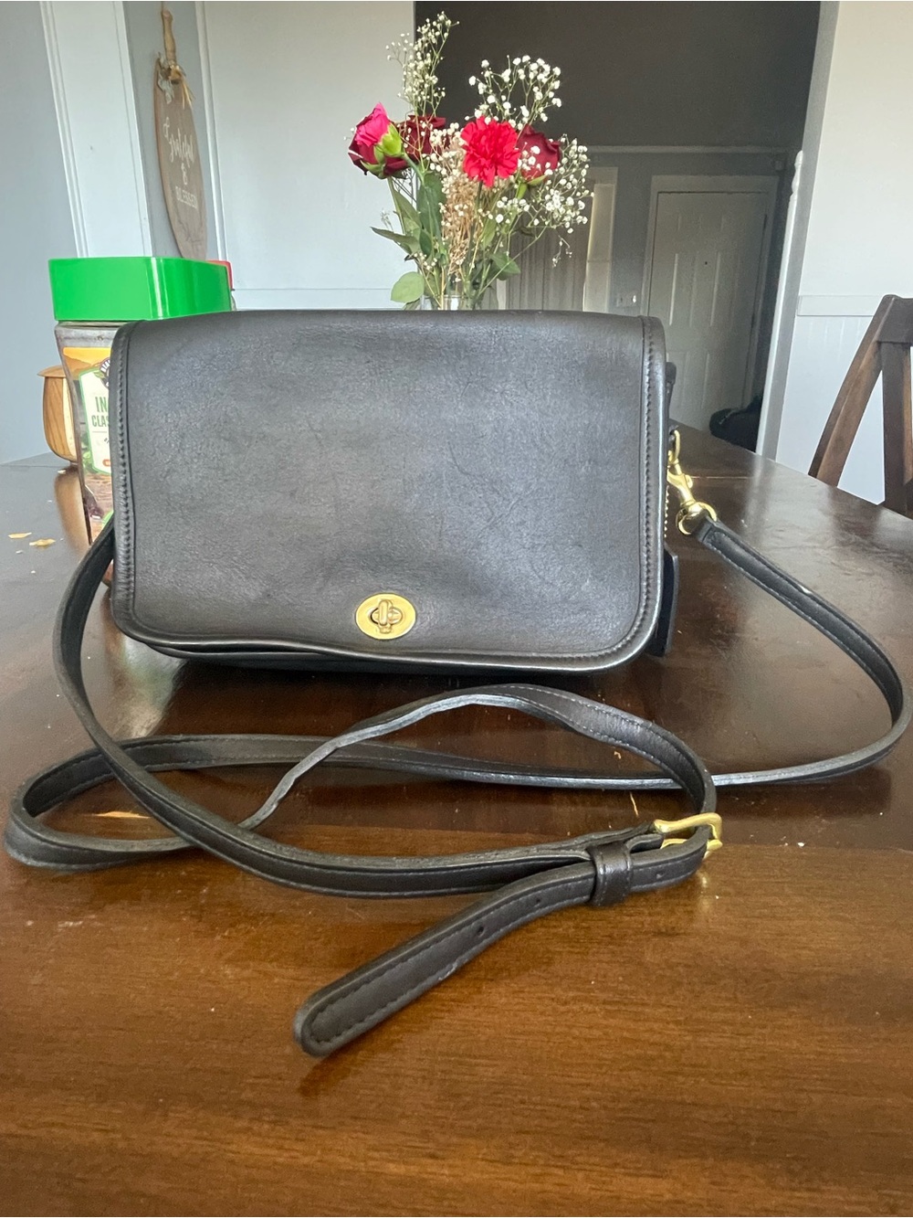Classic Black Leather Crossbody Shoulder Bag - Gold Hardware